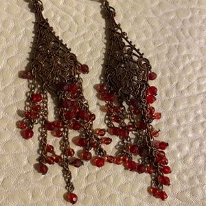 RED AND BRONZE CHANDALIER EARRINGS COSTUME